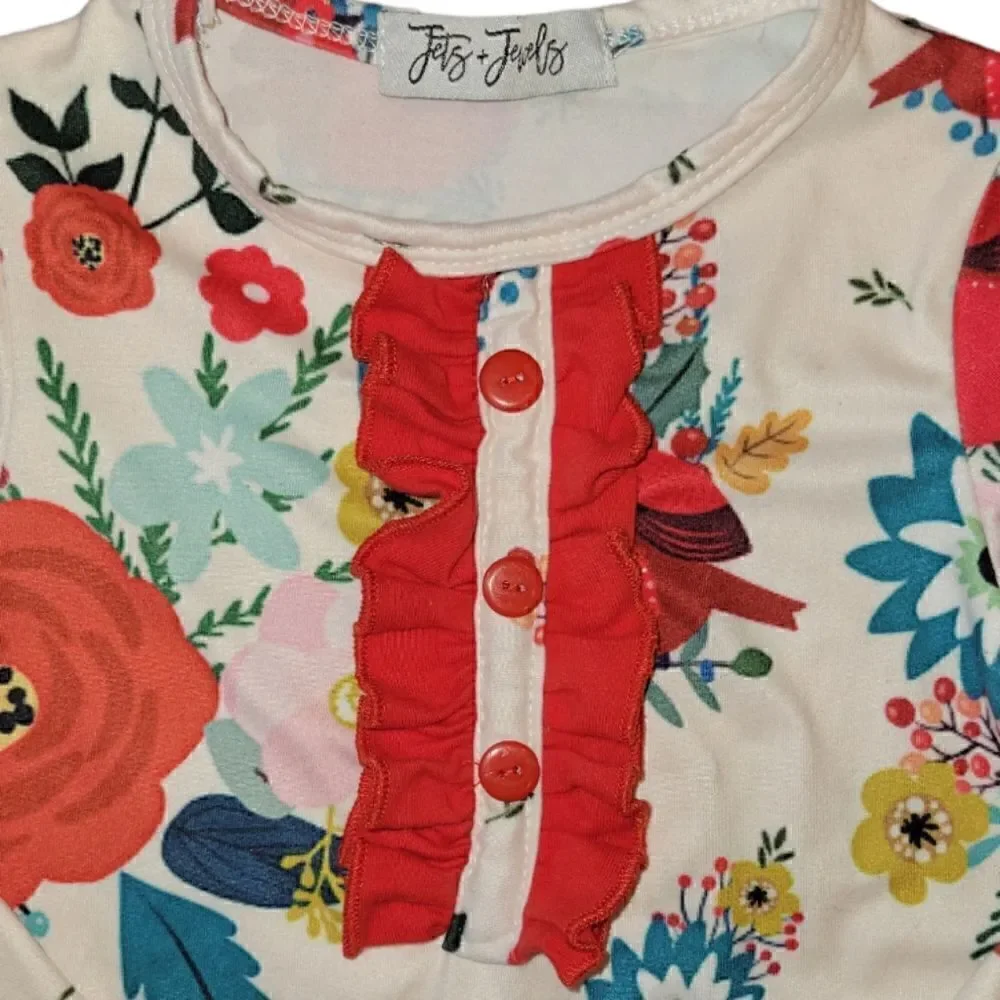 Jets+Jewels Red Bird Cardinal Floral Ruffle Front-Hem Long Onsie Holiday 3M